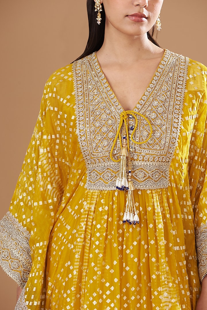 Yellow Organza Tie-Dyed Kaftan Set by Kisneel by Pam at Pernia's Pop Up Shop