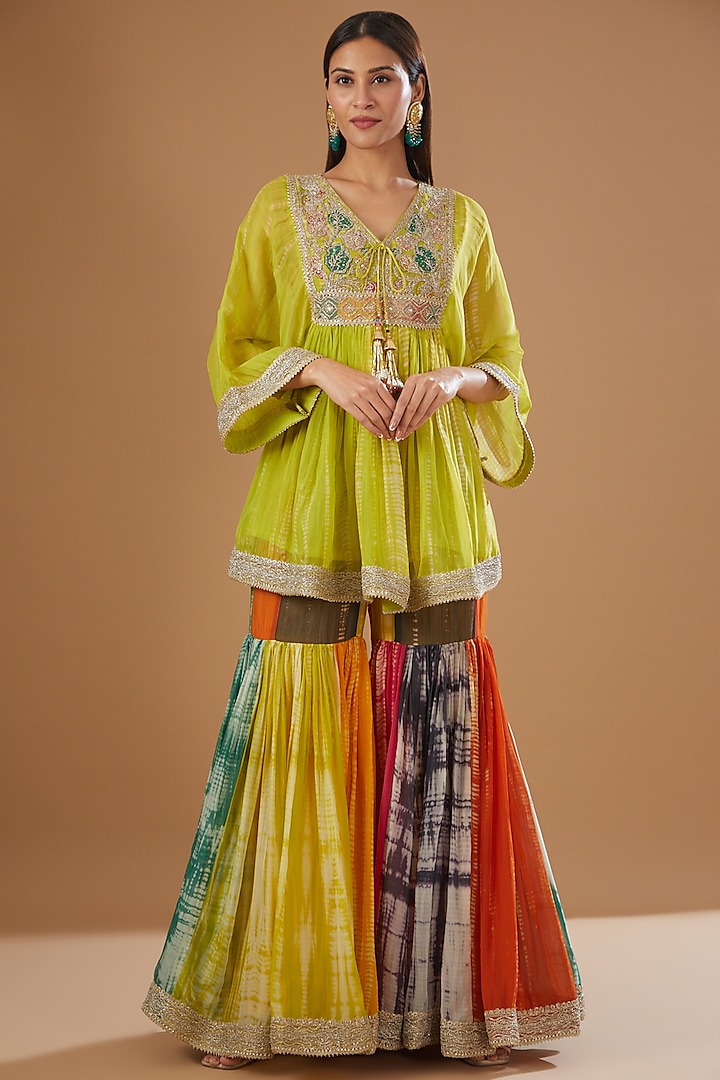 Multi-Coloured Organza Gharara Set by Kisneel by Pam