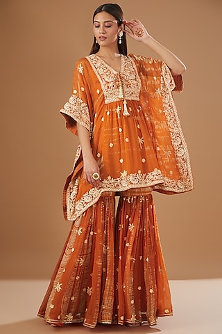 Rust Organza Printed Gharara Set by Kisneel by Pam