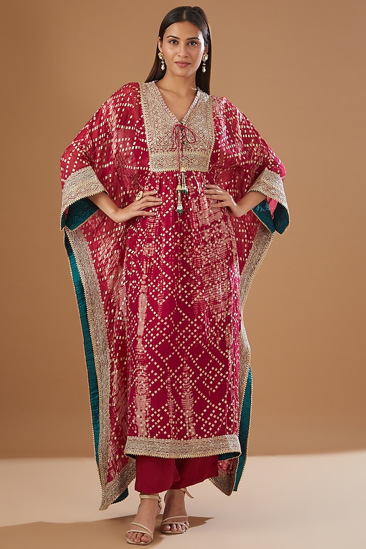 Fuchsia Organza Printed Kaftan Set by Kisneel by Pam