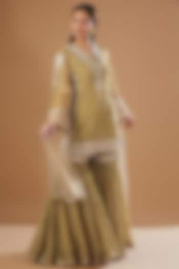 Olive Green Organza Gharara Set by Kisneel by Pam at Pernia's Pop Up Shop