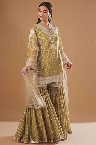 Olive Green Organza Gharara Set by Kisneel by Pam