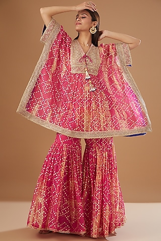 Hot Pink Organza Printed Gharara Set by Kisneel by Pam