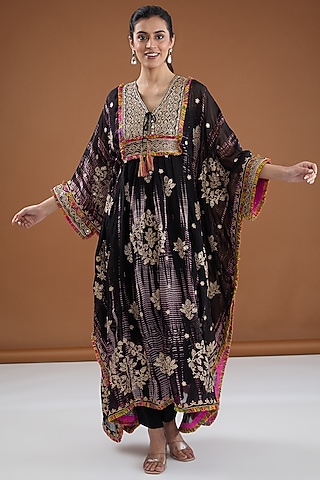 Black Viscose Organza Tie-Dye Sequins Embroidered Kaftan Set by Kisneel by Pam
