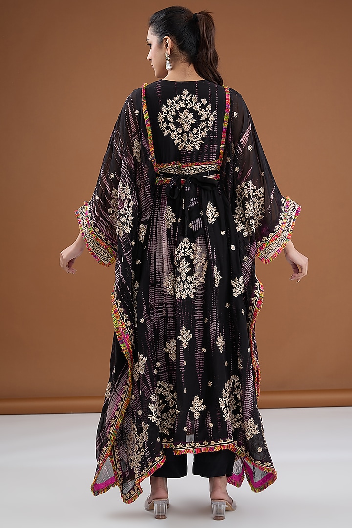 Black Viscose Organza Tie-Dye Sequins Embroidered Kaftan Set by Kisneel by Pam at Pernia's Pop Up Shop