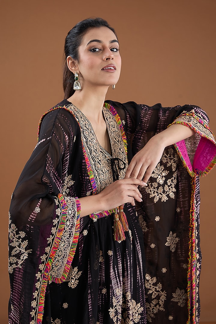 Black Viscose Organza Tie-Dye Sequins Embroidered Kaftan Set by Kisneel by Pam at Pernia's Pop Up Shop
