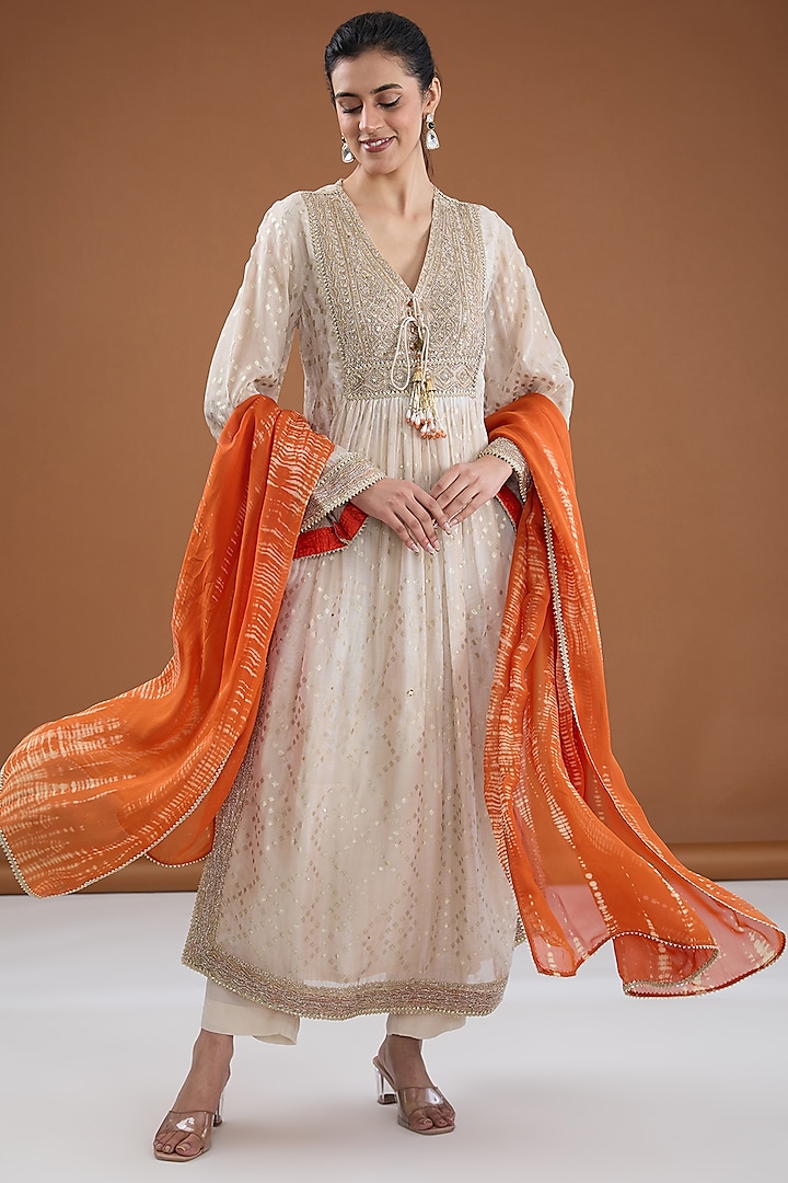 Ivory Viscose Crepe Zari Embroidered & Foil Printed Kurta Set by Kisneel by Pam at Pernia's Pop Up Shop
