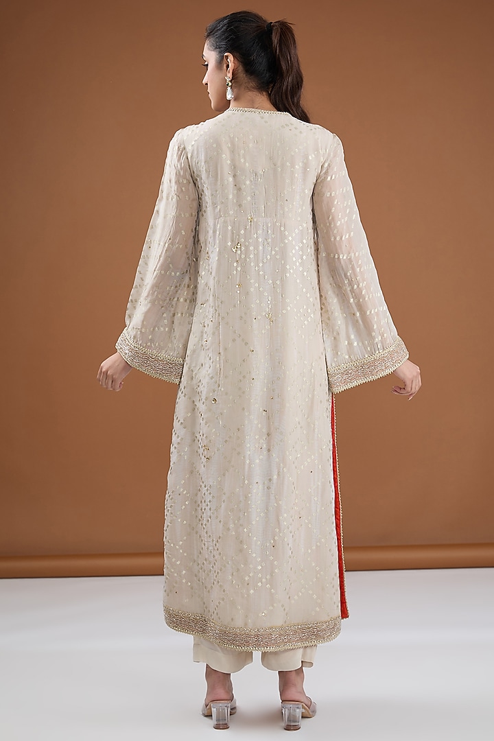 Ivory Viscose Crepe Zari Embroidered & Foil Printed Kurta Set by Kisneel by Pam at Pernia's Pop Up Shop