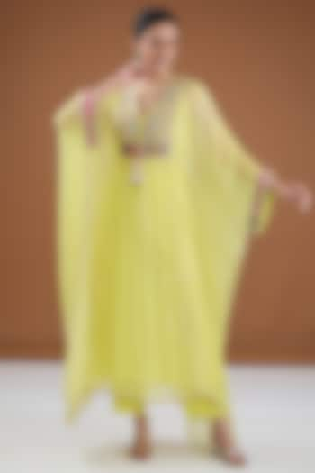 Yellow Viscose Chiffon Tie-Dye Zari Embroidered & Foil Printed Kaftan Set by Kisneel by Pam at Pernia's Pop Up Shop