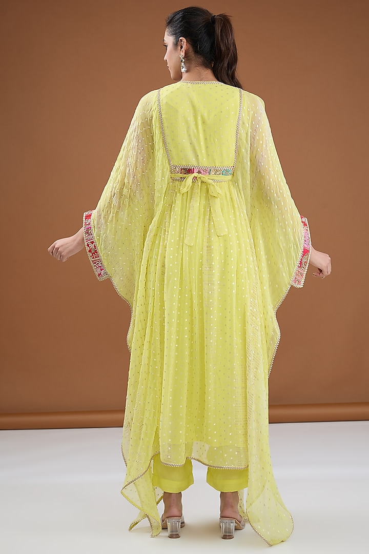Yellow Viscose Chiffon Tie-Dye Zari Embroidered & Foil Printed Kaftan Set by Kisneel by Pam at Pernia's Pop Up Shop