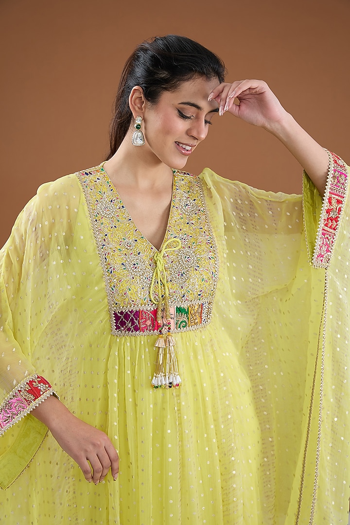 Yellow Viscose Chiffon Tie-Dye Zari Embroidered & Foil Printed Kaftan Set by Kisneel by Pam at Pernia's Pop Up Shop