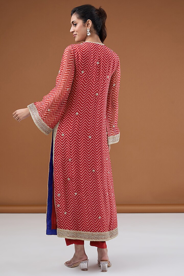 Red Viscose Organza Leheriya Printed & Zari Embroidered Straight Kurta Set by Kisneel by Pam at Pernia's Pop Up Shop