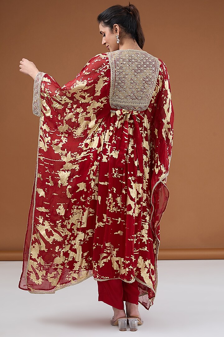 Red Viscose Chiffon Foil Printed & Zari Embroidered Kaftan Set by Kisneel by Pam at Pernia's Pop Up Shop