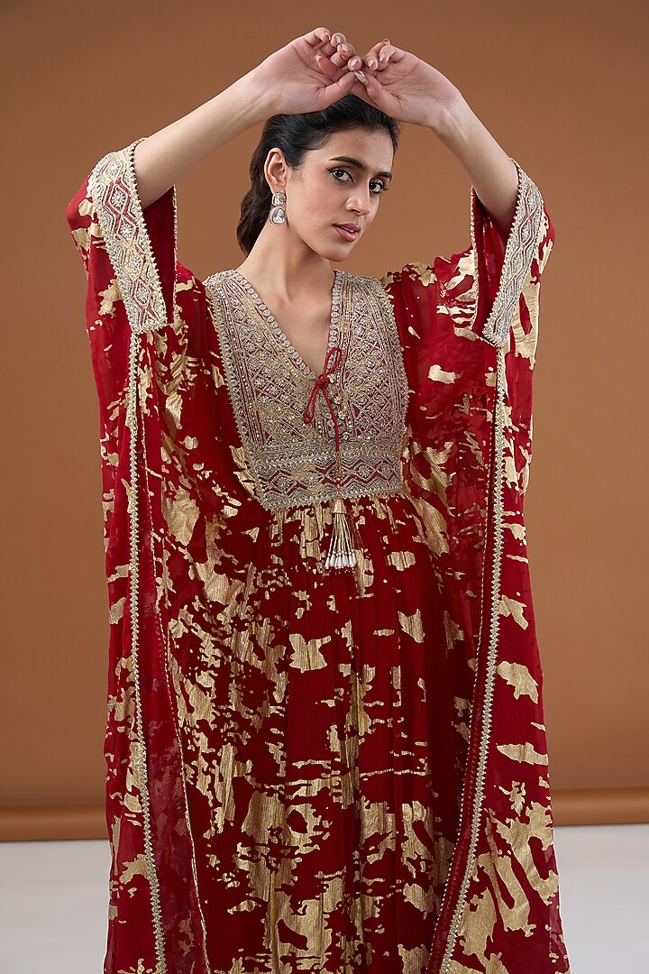 Red Viscose Chiffon Foil Printed & Zari Embroidered Kaftan Set by Kisneel by Pam at Pernia's Pop Up Shop