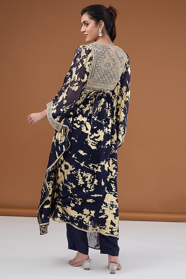 Blue Viscose Chiffon Foil Printed & Zari Embroidered Kaftan Set by Kisneel by Pam at Pernia's Pop Up Shop