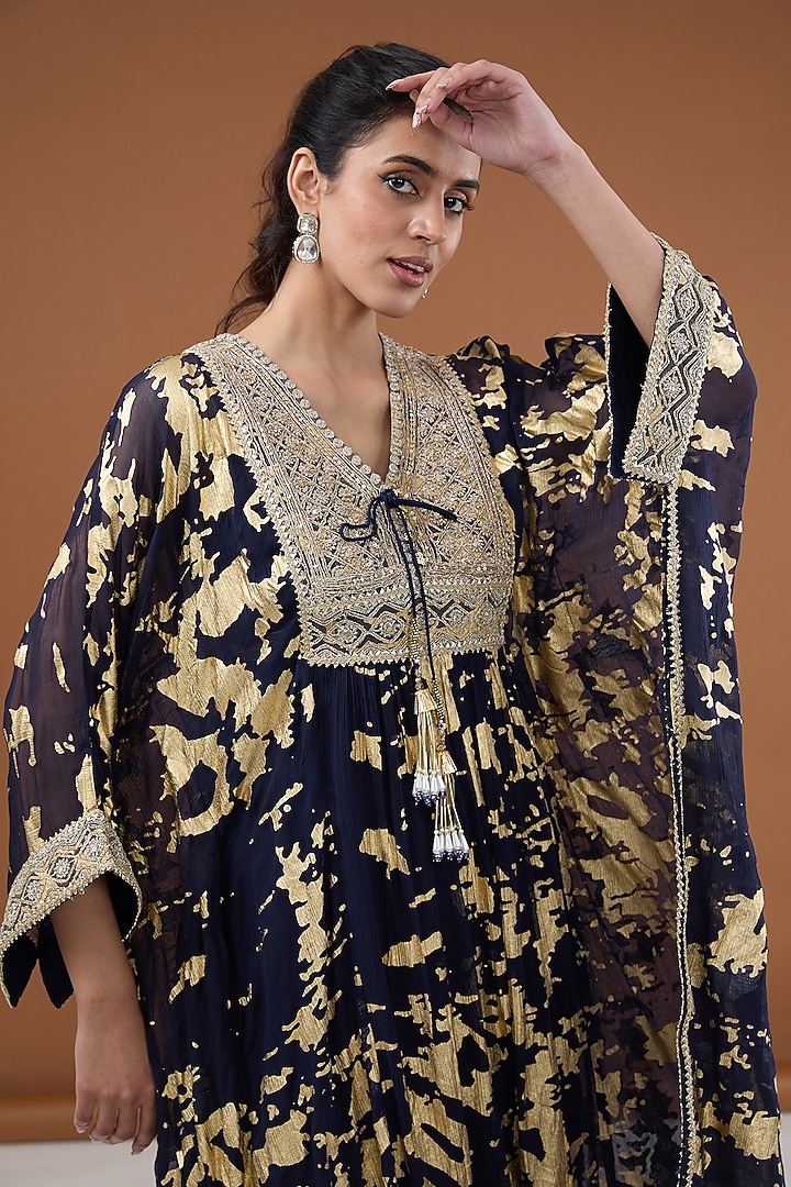 Blue Viscose Chiffon Foil Printed & Zari Embroidered Kaftan Set by Kisneel by Pam at Pernia's Pop Up Shop