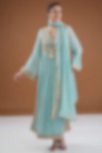 Aqua Viscose Chiffon Tie-Dye Zari Embroidered & Foil Printed Kurta Set by Kisneel by Pam at Pernia's Pop Up Shop