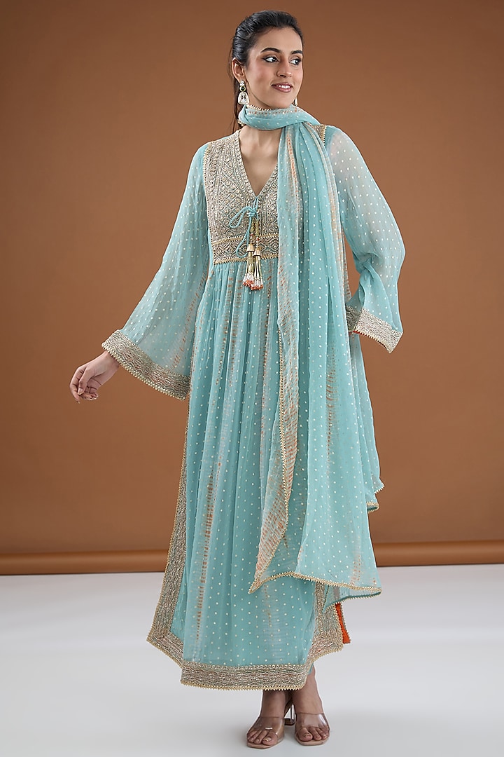 Aqua Viscose Chiffon Tie-Dye Zari Embroidered & Foil Printed Kurta Set by Kisneel by Pam