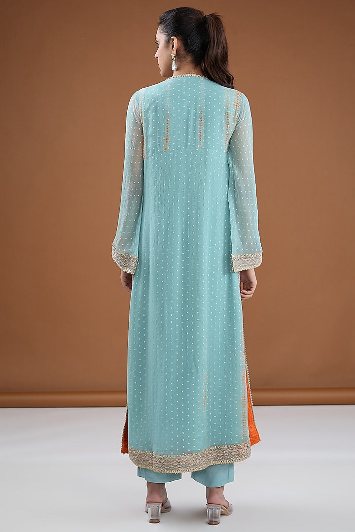 Aqua Viscose Chiffon Tie-Dye Zari Embroidered & Foil Printed Kurta Set by Kisneel by Pam at Pernia's Pop Up Shop