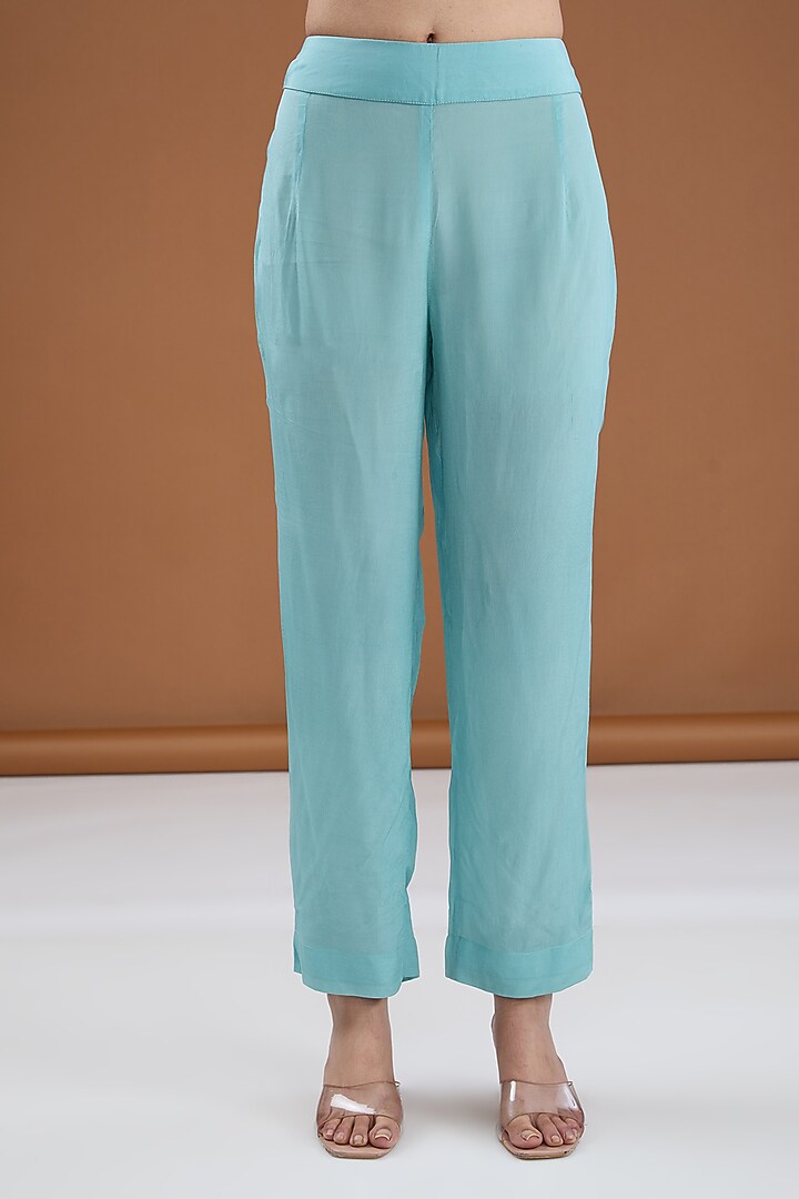 Aqua Viscose Chiffon Tie-Dye Zari Embroidered & Foil Printed Kurta Set by Kisneel by Pam at Pernia's Pop Up Shop