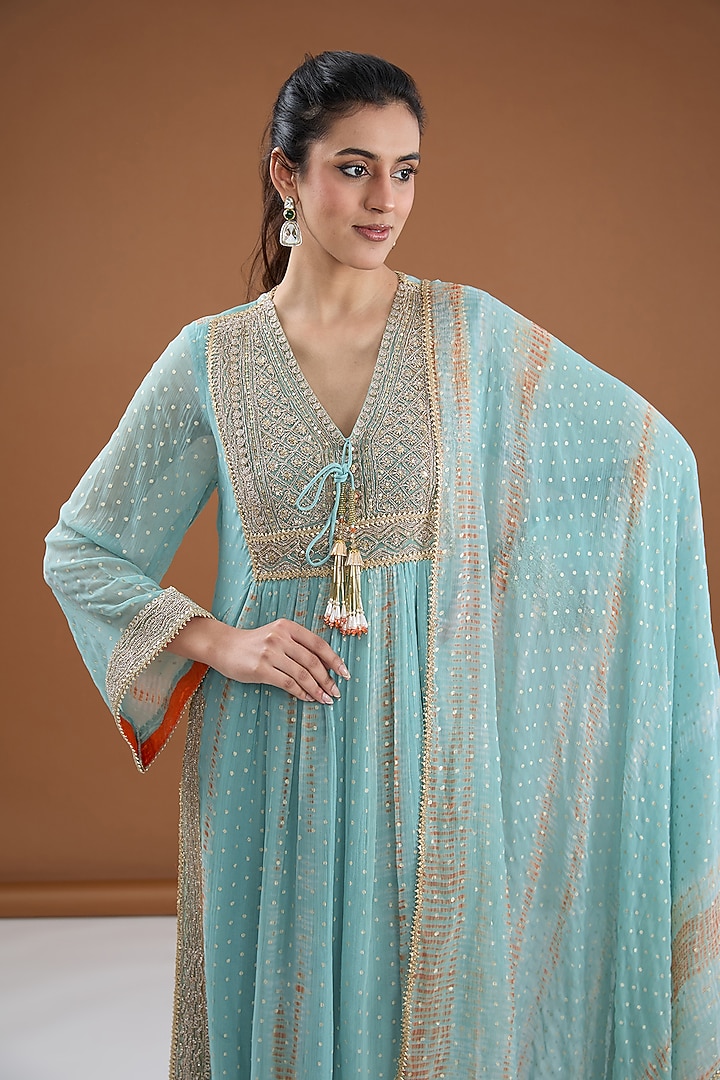 Aqua Viscose Chiffon Tie-Dye Zari Embroidered & Foil Printed Kurta Set by Kisneel by Pam at Pernia's Pop Up Shop