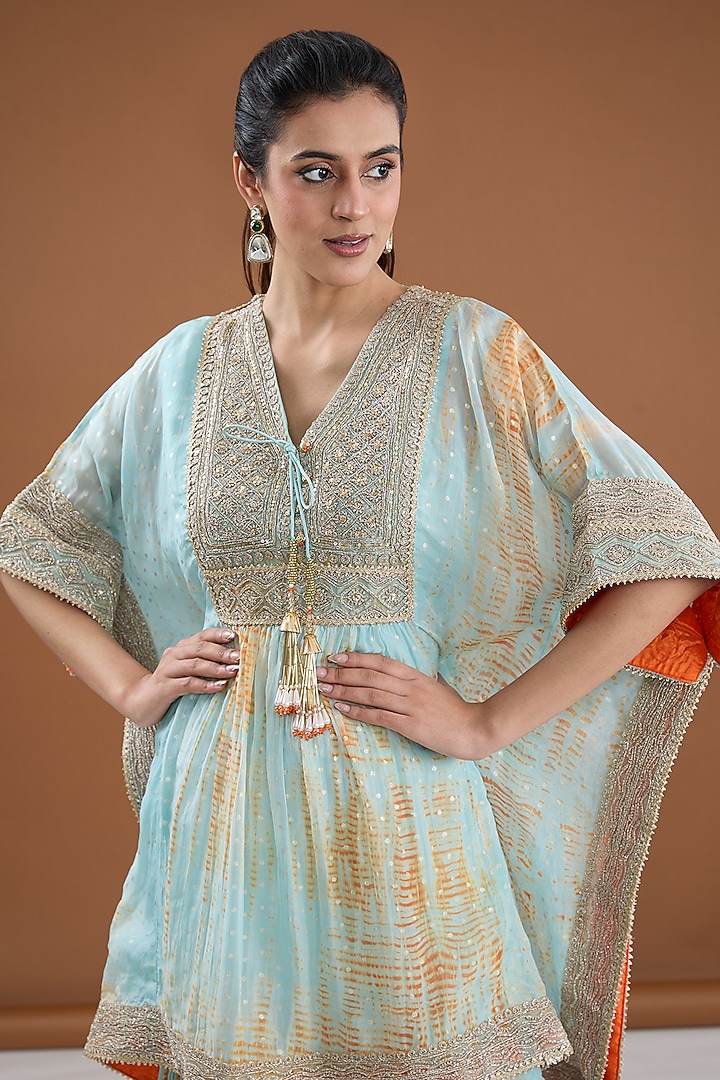 Aqua Viscose Organza & Cotton Tie-Dye Gharara Set by Kisneel by Pam at Pernia's Pop Up Shop