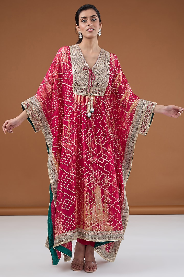 Fuchsia Viscose Organza Tie-Dye Zari Embroidered & Foil Printed Kaftan Set by Kisneel by Pam