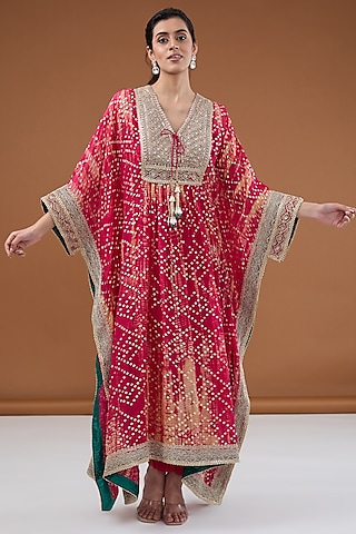 Fuchsia Viscose Organza Tie-Dye Zari Embroidered & Foil Printed Kaftan Set by Kisneel by Pam