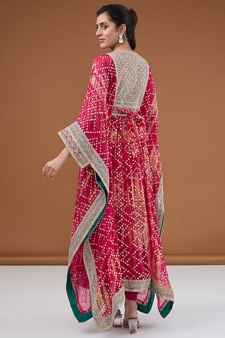 Fuchsia Viscose Organza Tie-Dye Zari Embroidered & Foil Printed Kaftan Set by Kisneel by Pam at Pernia's Pop Up Shop