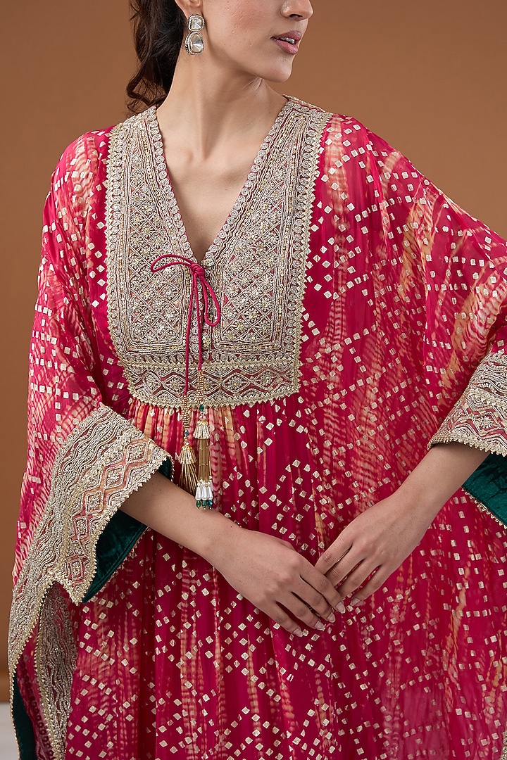 Fuchsia Viscose Organza Tie-Dye Zari Embroidered & Foil Printed Kaftan Set by Kisneel by Pam at Pernia's Pop Up Shop