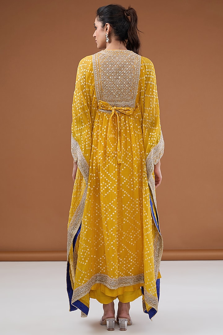 Yellow Viscose Organza Zari Embroidered & Foil Printed Kaftan Set by Kisneel by Pam at Pernia's Pop Up Shop