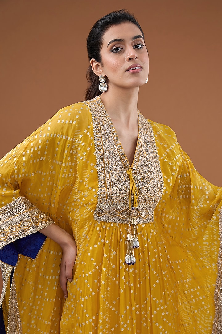 Yellow Viscose Organza Zari Embroidered & Foil Printed Kaftan Set by Kisneel by Pam at Pernia's Pop Up Shop