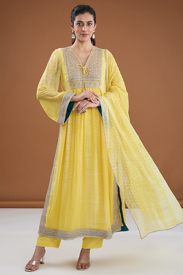 Yellow Viscose Chiffon Tie-dye Zari Embroidered & Foil Printed Kurta Set by Kisneel by Pam at Pernia's Pop Up Shop