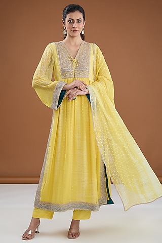 Yellow Viscose Chiffon Tie-dye Zari Embroidered & Foil Printed Kurta Set by Kisneel by Pam