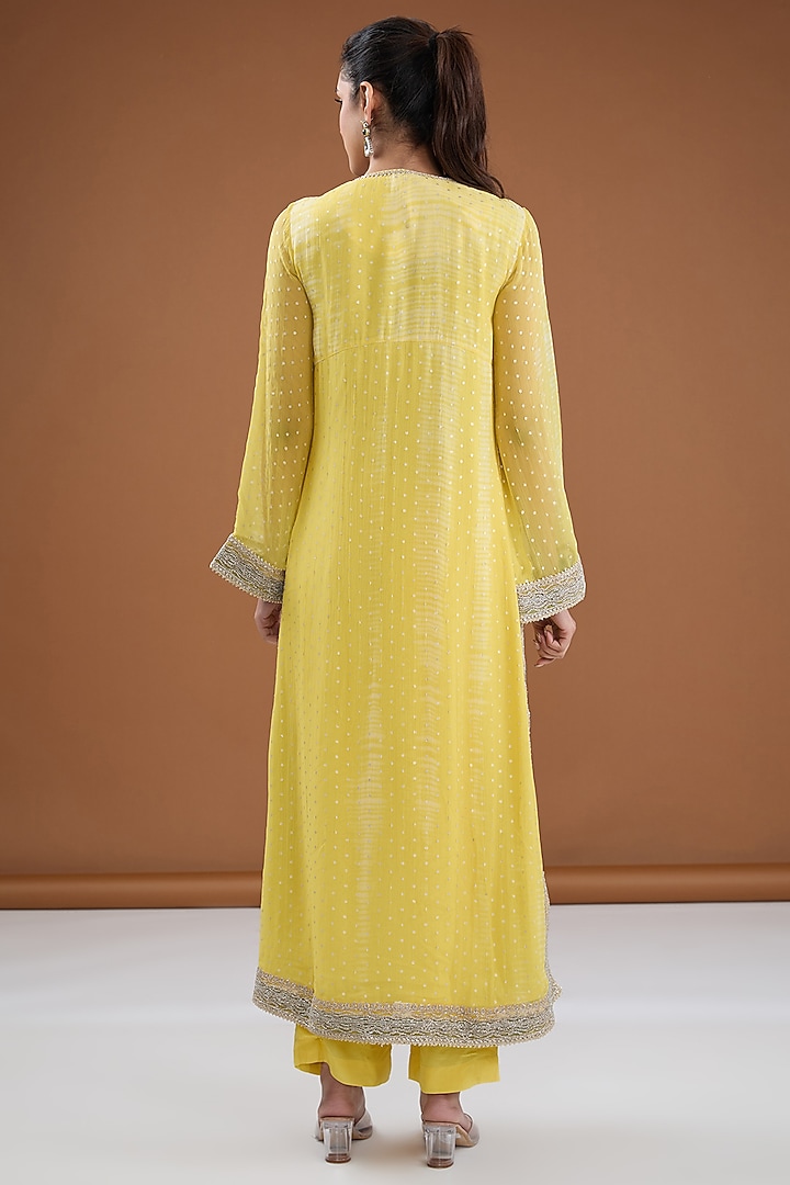 Yellow Viscose Chiffon Tie-dye Zari Embroidered & Foil Printed Kurta Set by Kisneel by Pam at Pernia's Pop Up Shop