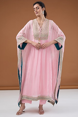 Candy Pink Viscose Organza Tie-dye Zari Embroidered & Foil Printed Kaftan Set by Kisneel by Pam