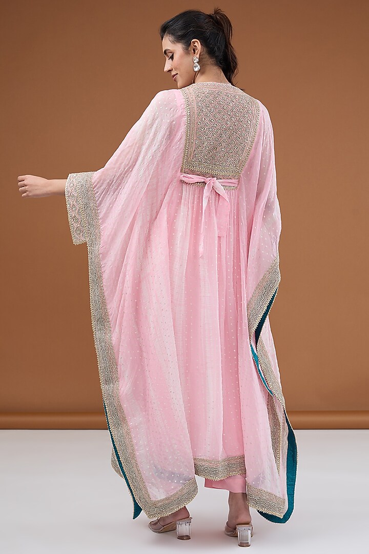 Candy Pink Viscose Organza Tie-dye Zari Embroidered & Foil Printed Kaftan Set by Kisneel by Pam at Pernia's Pop Up Shop