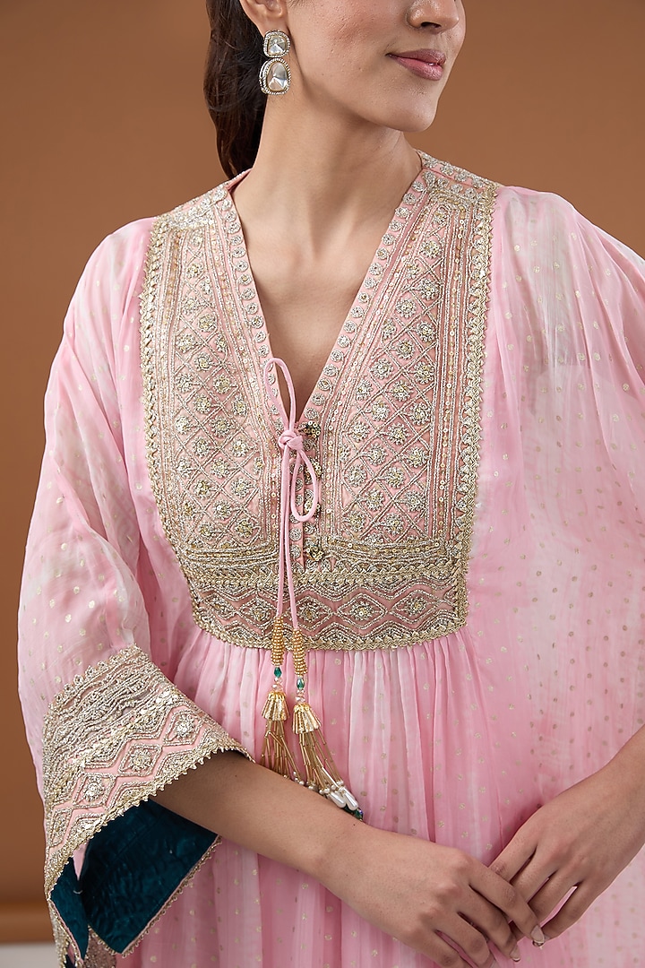Candy Pink Viscose Organza Tie-dye Zari Embroidered & Foil Printed Kaftan Set by Kisneel by Pam at Pernia's Pop Up Shop