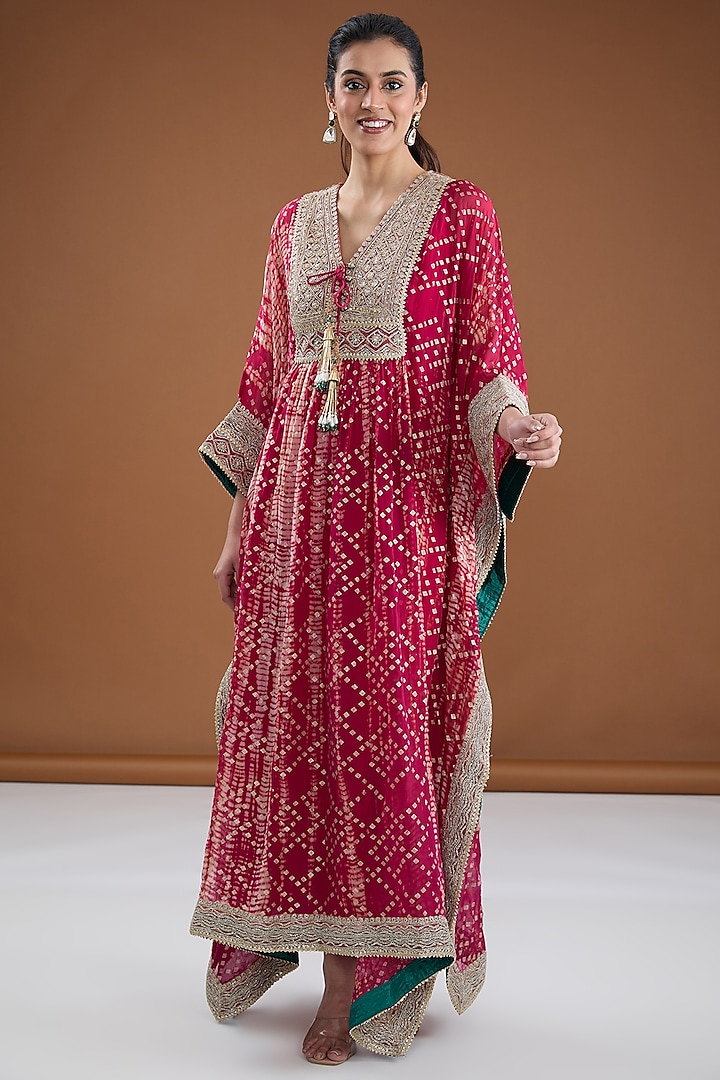 Fuchsia Viscose Organza Tie-Dye Zari Embroidered & Foil Printed Kaftan Set by Kisneel by Pam