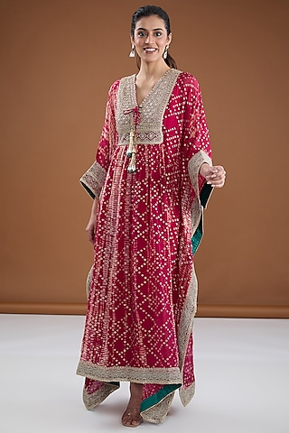 Fuchsia Viscose Organza Tie-Dye Zari Embroidered & Foil Printed Kaftan Set by Kisneel by Pam