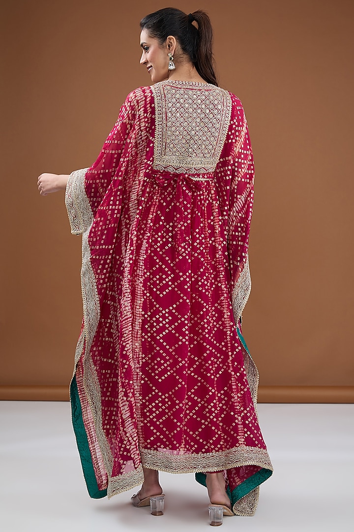 Fuchsia Viscose Organza Tie-Dye Zari Embroidered & Foil Printed Kaftan Set by Kisneel by Pam at Pernia's Pop Up Shop