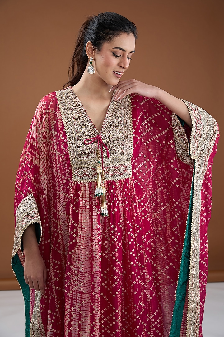 Fuchsia Viscose Organza Tie-Dye Zari Embroidered & Foil Printed Kaftan Set by Kisneel by Pam at Pernia's Pop Up Shop