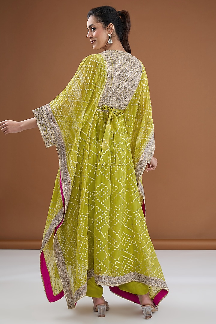 Lime Green Viscose Organza Tie-Dye Zari & Foil Printed Kaftan Set by Kisneel by Pam at Pernia's Pop Up Shop