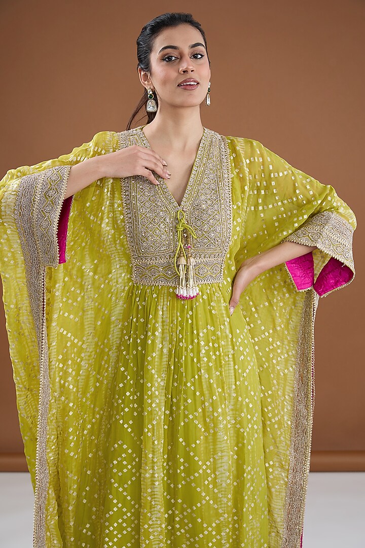Lime Green Viscose Organza Tie-Dye Zari & Foil Printed Kaftan Set by Kisneel by Pam at Pernia's Pop Up Shop
