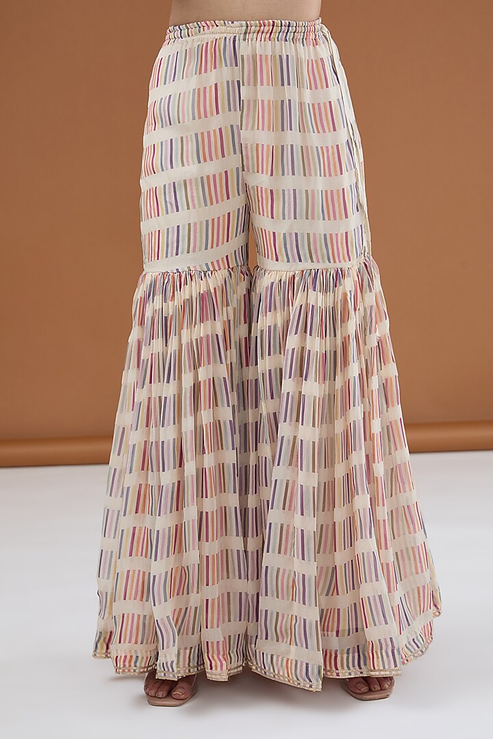 Ivory Viscose Organza & Viscose Crepe Ikat Printed Gharara Set by Kisneel by Pam at Pernia's Pop Up Shop