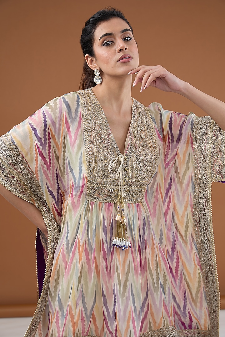 Ivory Viscose Organza & Viscose Crepe Ikat Printed Gharara Set by Kisneel by Pam at Pernia's Pop Up Shop