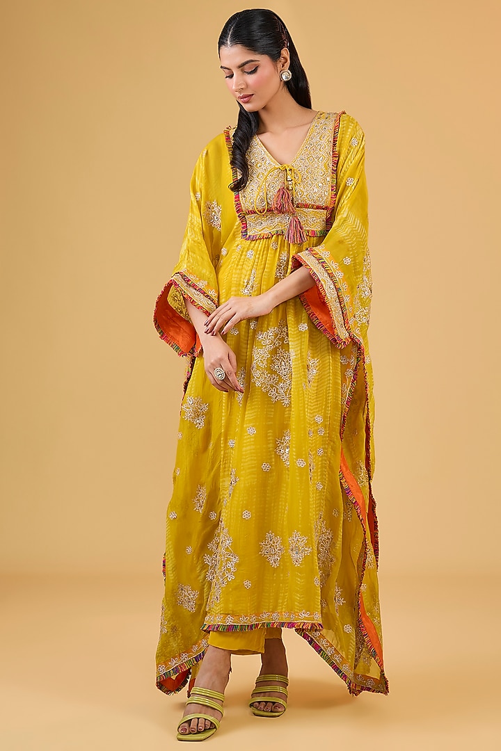 Yellow Organza Sequins Work Kaftan Set by Kisneel by Pam at Pernia's Pop Up Shop