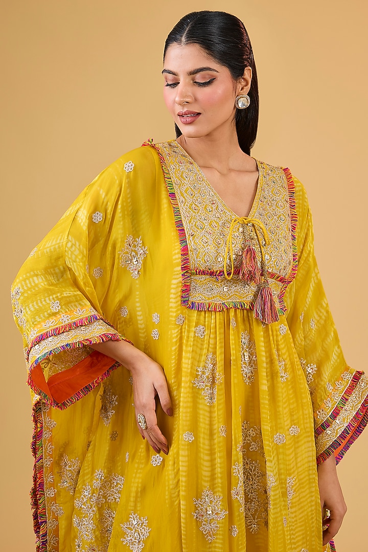 Yellow Organza Sequins Work Kaftan Set by Kisneel by Pam at Pernia's Pop Up Shop
