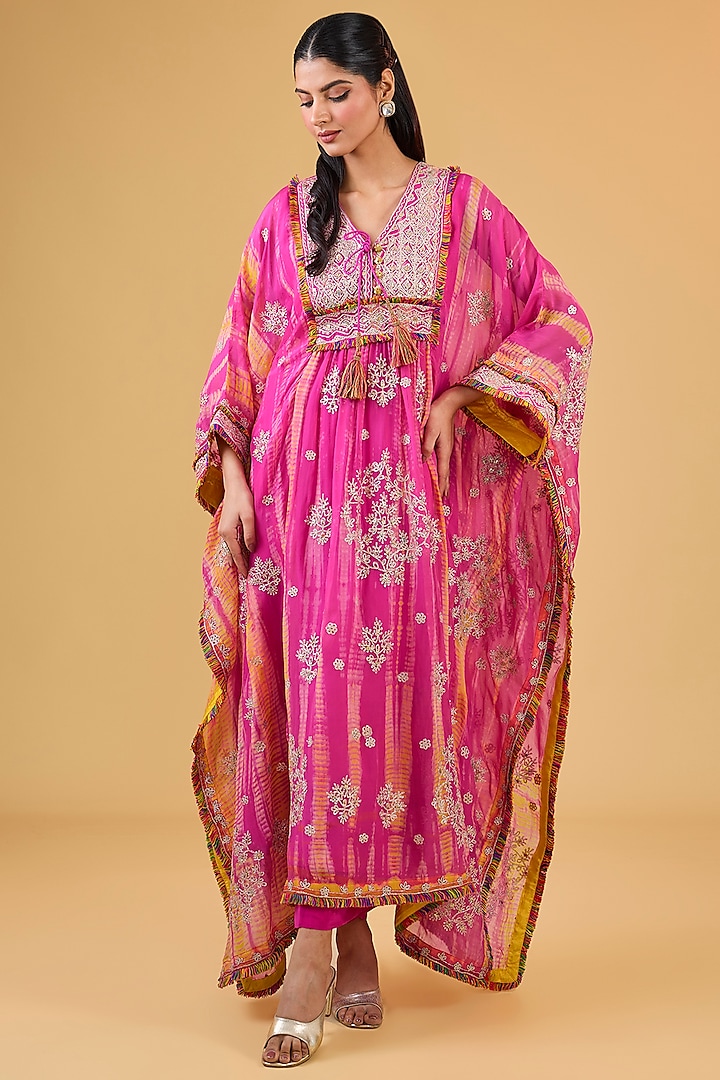 Fuchsia Organza Sequins Work Kaftan Set by Kisneel by Pam at Pernia's Pop Up Shop