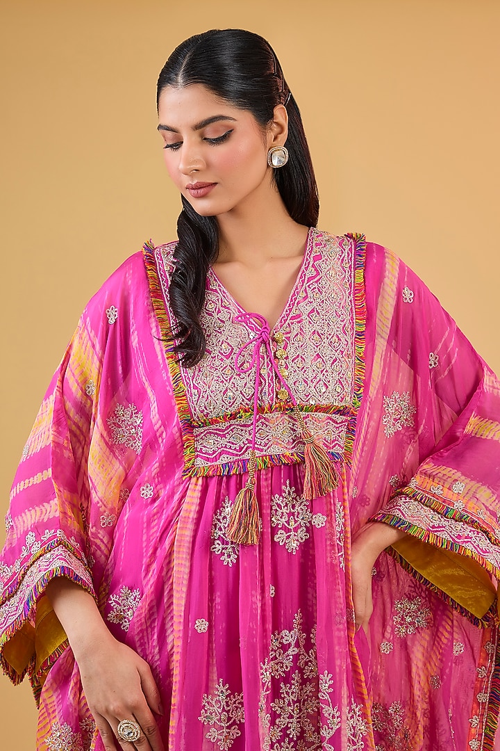 Fuchsia Organza Sequins Work Kaftan Set by Kisneel by Pam at Pernia's Pop Up Shop
